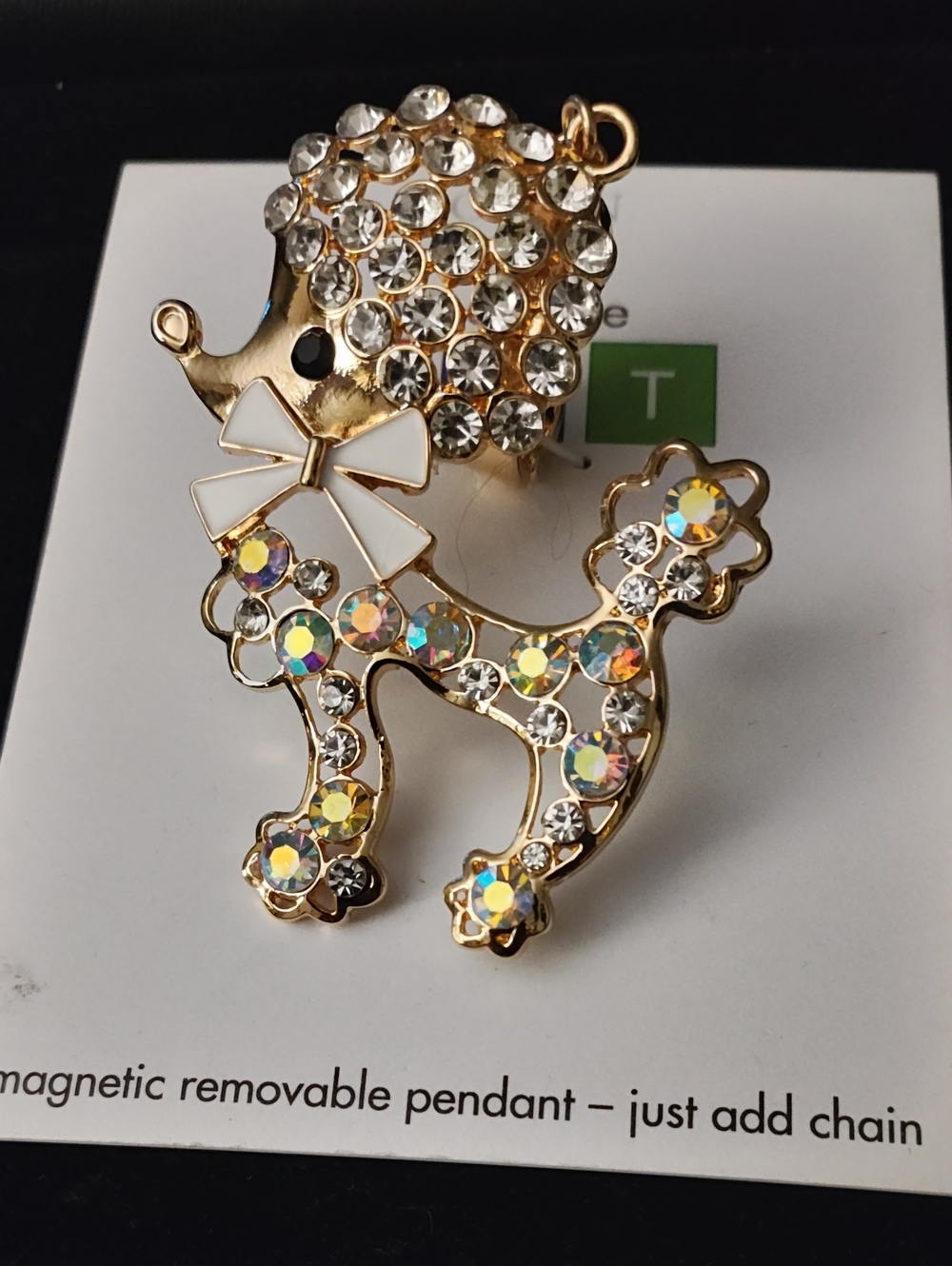 Gold Crystal Poodle Pendant - Clear & Aurora Borealis Rhinestones NEW